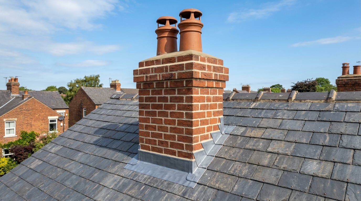 Restored brick chimney with fresh lead flashing