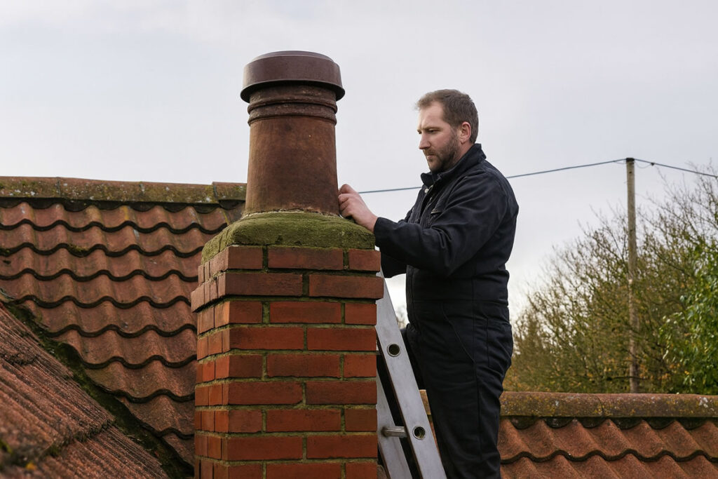 Roofer repointing a brick chimney