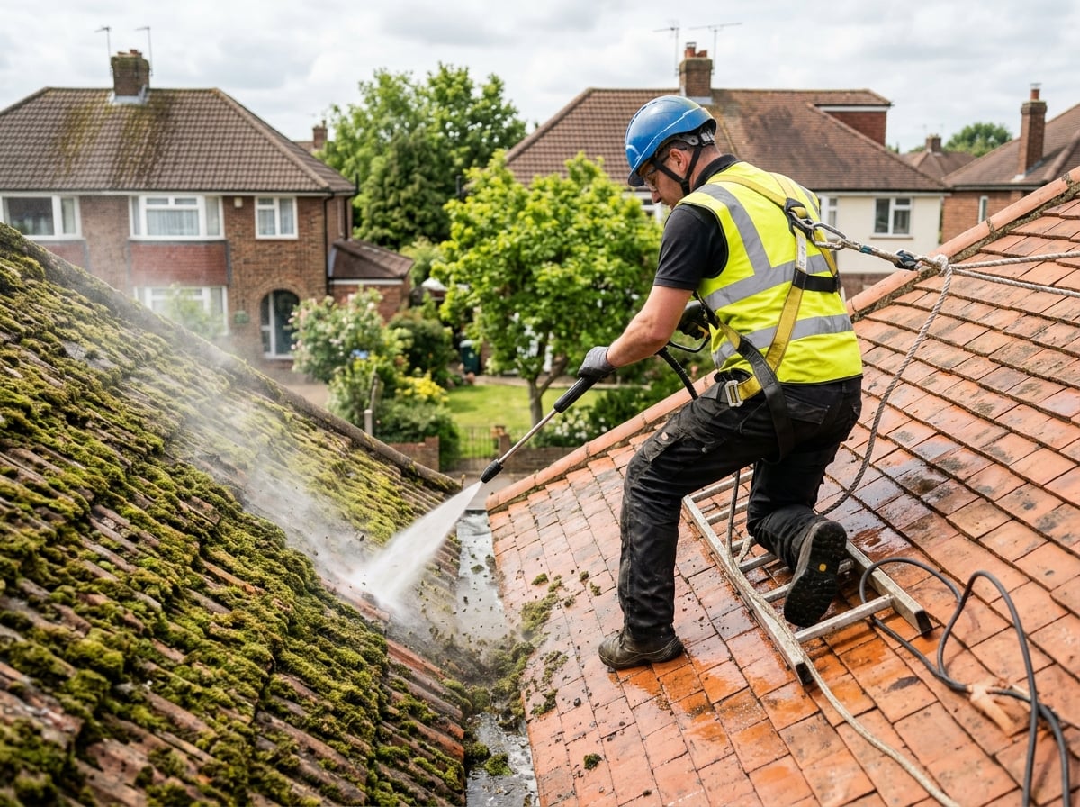 Roofer pressure washing moss from a tiled roof