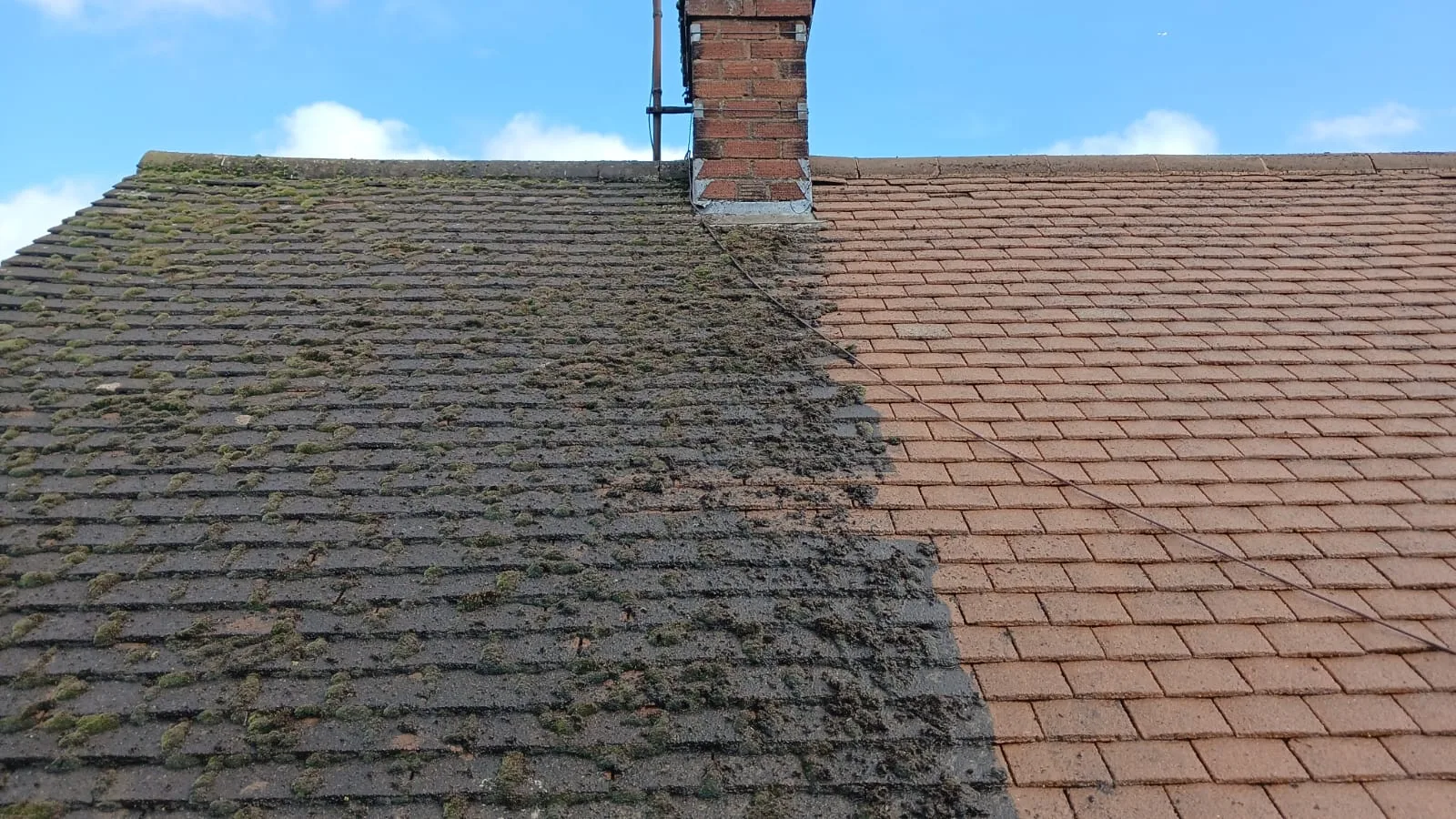 Roof half cleaned showing moss contrast