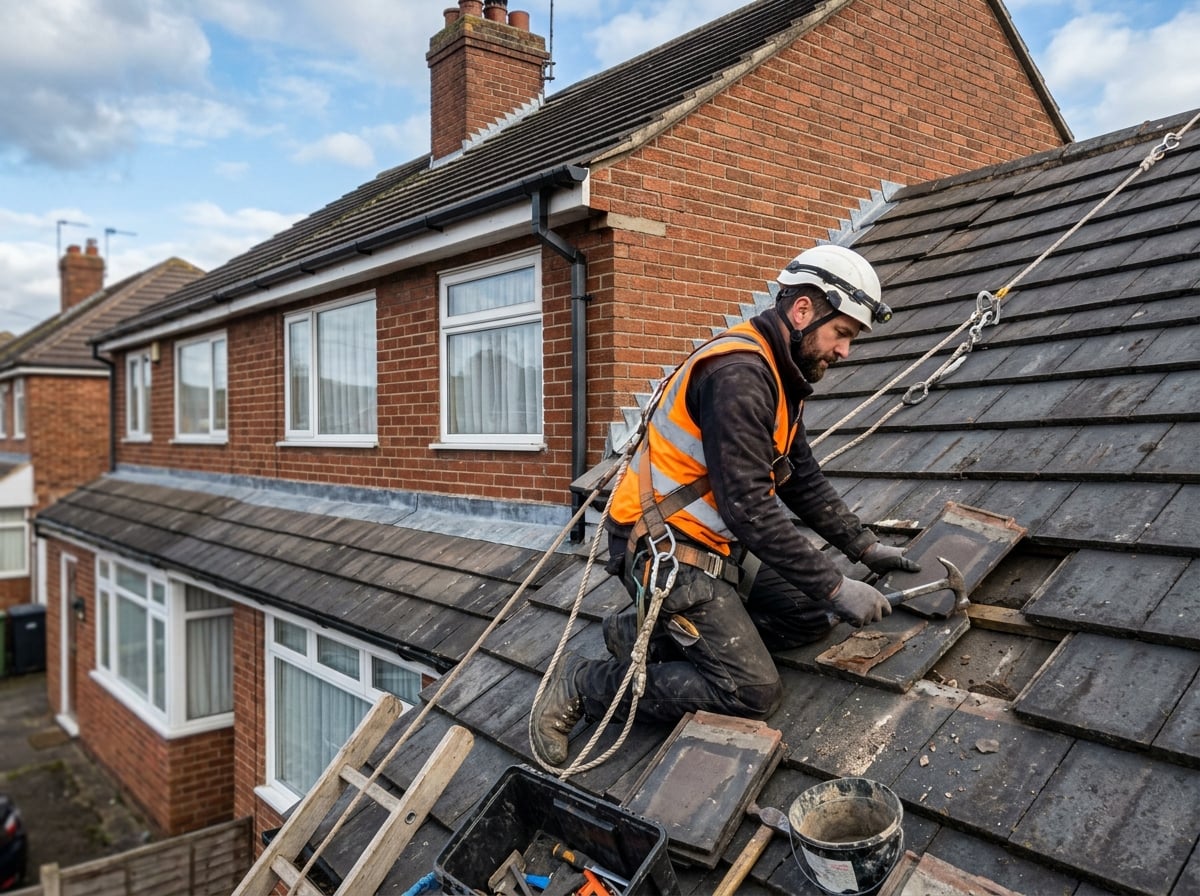 Roofer carrying out tiled roof repairs with hand tools